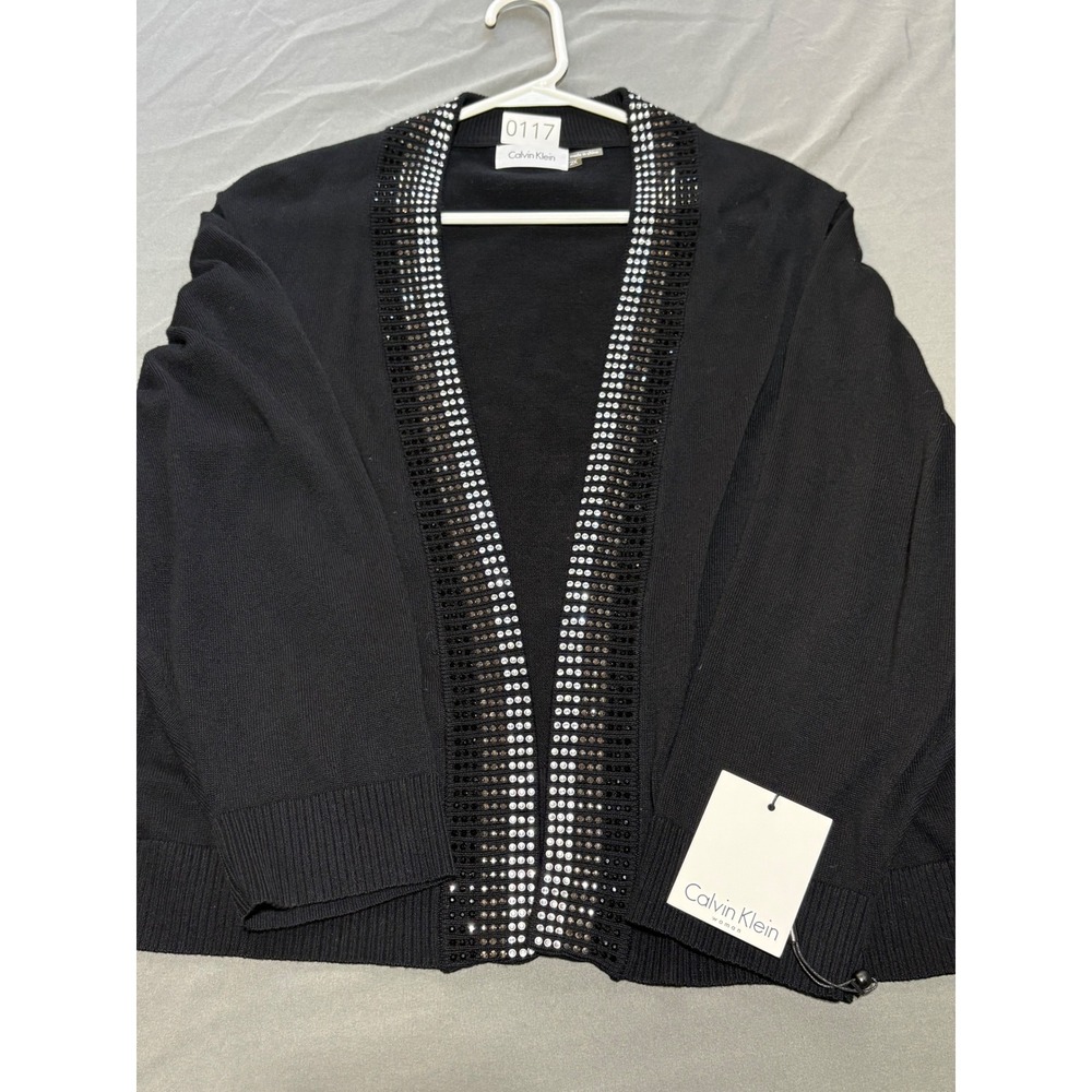 Calvin Klein Womens 2X Black Rhinestone Trim Open Front Cardigan CX4R2RT1 New